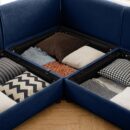 Stylish Blue Chenille Loveseat Sofa with Ottoman Storage Seat