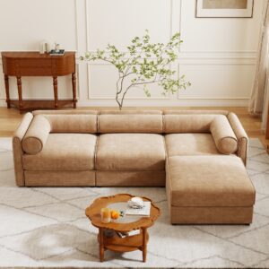 Elegant Camel Chenille Sofa with Storage Seat and Ottoman