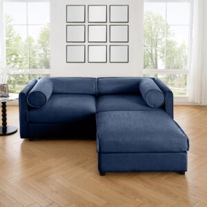 Stylish Blue Chenille Loveseat Sofa with Ottoman Storage Seat