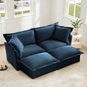 Deep Seat Blue Slipcovered Loveseat Sofa with Two Ottomans