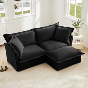 Wide Deep Seat Slipcovered Black Loveseat Sofa with Ottoman