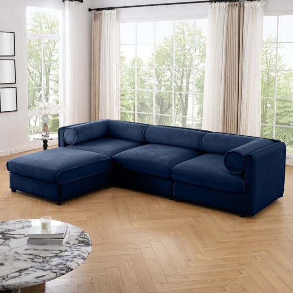 Elegant L-Shaped Blue Chenille 3-Seater Sofa with Storage and Ottoman - Image 7